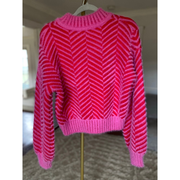 Sugar + Lips Chevron Sweater Hot Pink Red Cozy Knit Buttery Soft Modern Trendy - Picture 3 of 7